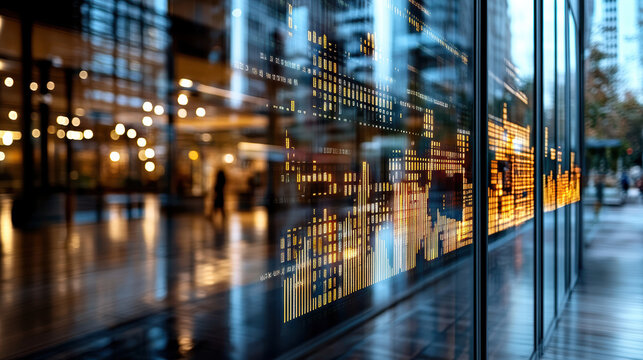 Abstract financial chart overlay on blurred background creates modern urban atmosphere - Powered by Adobe