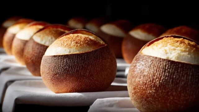 Freshly baked, artisan bread bowls, arranged in a row on a bakery counter, showcasing a rich golden-brown crust.