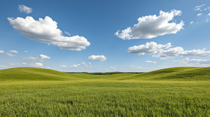 Fototapeta premium Lush green hills under bright blue sky with fluffy white clouds create serene landscape