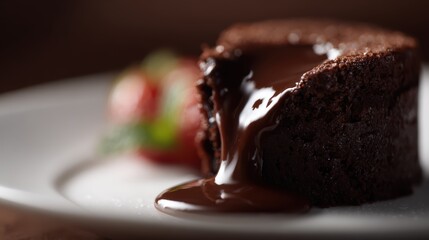 A close-up of a delicious piece of chocolate cake with a molten center.
