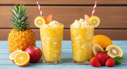 Refreshing tropical fruit smoothie on a light blue wooden surface in summer setting