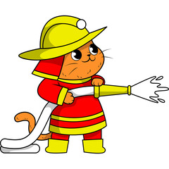 Cute Orange Cat Wearing Yellow Firefighter Helmet and Red Uniform Holding Water Hose Spraying Water On Transparent Background