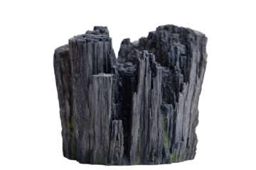 Close up of a gray, columnar mineral specimen.