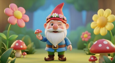 Whimsical garden gnome with a wink holding a mushroom in a colorful fairytale scene