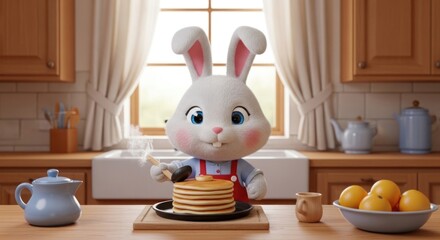 Whimsical Morning: Cartoon Rabbit Chef Preparing Pancakes in a Cozy Kitchen Scene