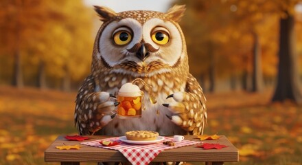 Whimsical Owl enjoying autumn feast with apple cider and pie in golden forest landscape