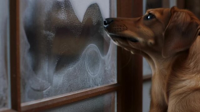 A curious dachshund approaches a windowpane covered in intricate frost patterns, sniffing and nudging it, conveying innocent winter curiosity.