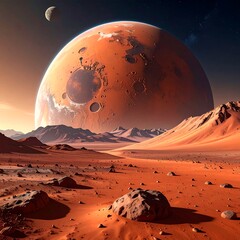 A vast, otherworldly landscape features a huge red planet and a small moon over a dusty terrain