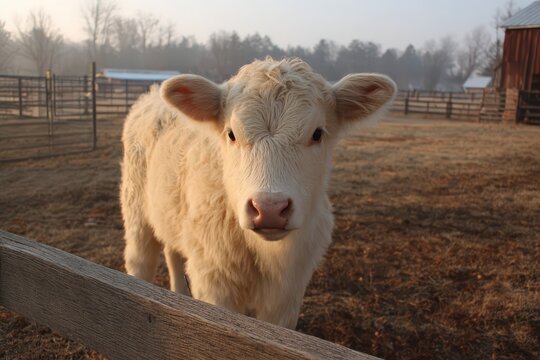 Close-up of a curious young white calf looking directly at the camera.