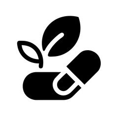 Vector art of herbal medicine icon depicting a leaf sprouting from a capsule, representing natural healing and wellness