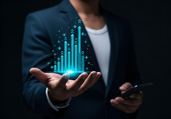 Business success and financial growth concept with digital chart in hand and smartphone