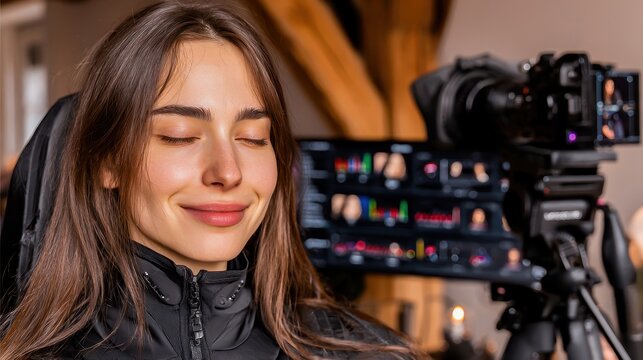 A professional female photographer smiles confidently in her studio, surrounded by advanced camera equipment.