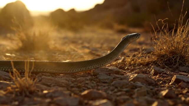 Coastal Taipan Snake Crawling on Rocky Terrain during Golden Hour in Outback Australia Venomous Reptile Moving through Desert Landscape Under Warm Sunlight in Cinematic Shot