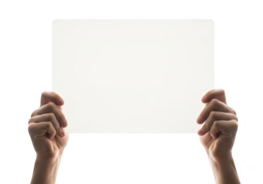 Hands holding blank white sign, paper sheet, billboard, advertisement mockup template for message isolated on transparent background - Powered by Adobe