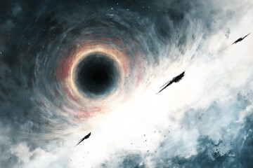 Spaceship sailing on the orbit of the black hole. Digital art.