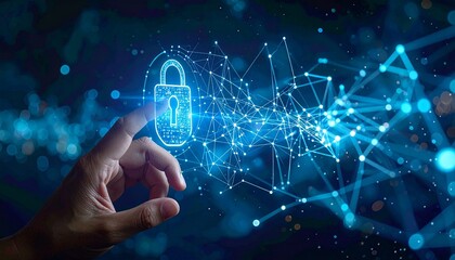Global Network Security Concept with Hand Interacting with Digital Padlock Icon, Symbolizing Data Protection, Privacy, and Advanced Cybersecurity Solutions in a Connected World