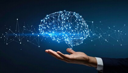 Conceptualization of the Human Brain with Digital Connections, Representing Artificial Intelligence and Neural Networks on a Hand