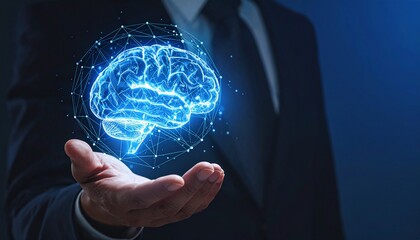 Innovating the future Business professional presents a glowing digital brain, symbolizing artificial intelligence, advanced technology, data networks, and conceptual human intelligence