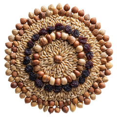 Circular arrangement of nuts, seeds, and dried fruit