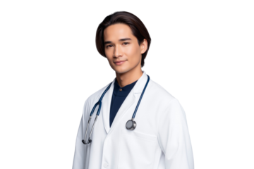 Professional handsome male doctor with a stethoscope in a lab coat, isolated on transparent background