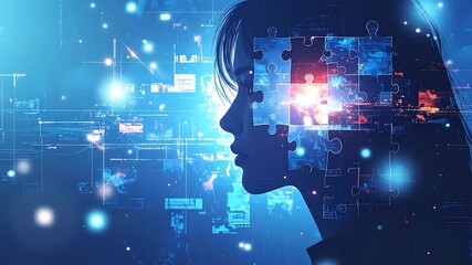 Silhouette of head with puzzle pieces revealing a bright cityscape inside, surrounded by glowing digital data - Powered by Adobe