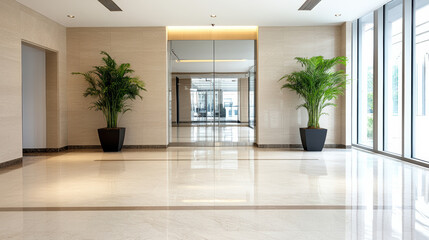 Fototapeta premium Clean modern office lobby with plants and marble floor creating welcoming atmosphere