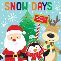 Christmas card with santa, reindeer and penguin