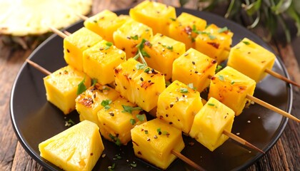Skewered, grilled fruit displayed on a black plate with parsley garnish