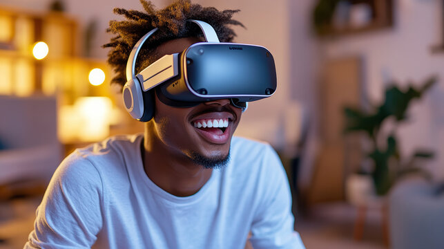 Immersive VR experience brings joy to young adult in cozy home setting - Powered by Adobe