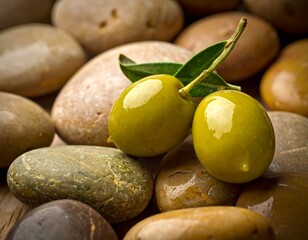 Two green olives with leaves resting on a bed of smooth stones