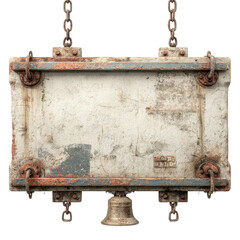 Aged, weathered sign, hung by chains
