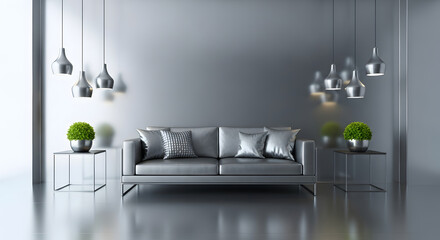 Modern silver living room interior with sofa, lamps and plants in pots