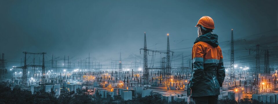 Electrical Engineer Observing Power Station at Dusk with Dramatic Sky and Industrial Environment. Banner, copy space