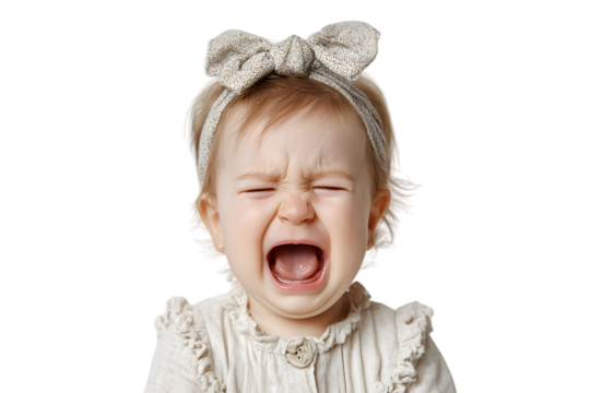 Crying baby girl with beige headband.