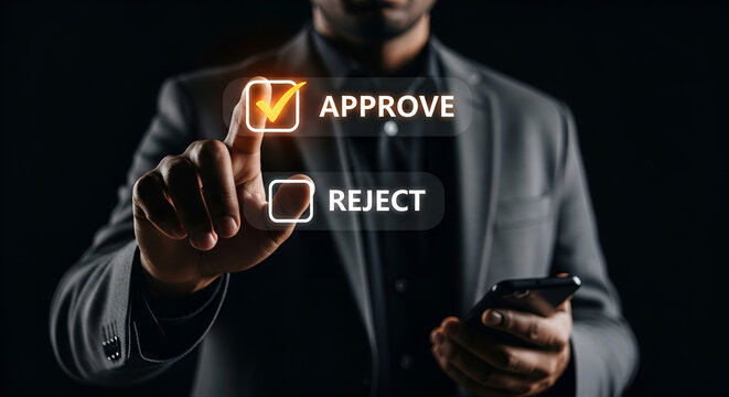 Businessman pressing virtual approve or reject button on digital interface