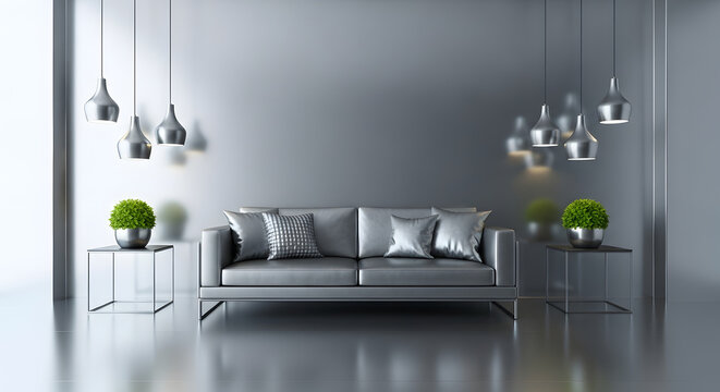 Modern silver living room interior with sofa, lamps and plants in pots