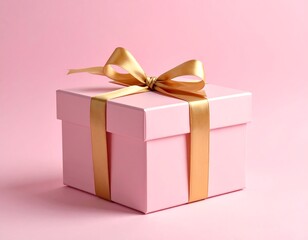 Obraz premium A blush-pink gift box tied with a shimmering gold ribbon and bow against a matching pink backdrop