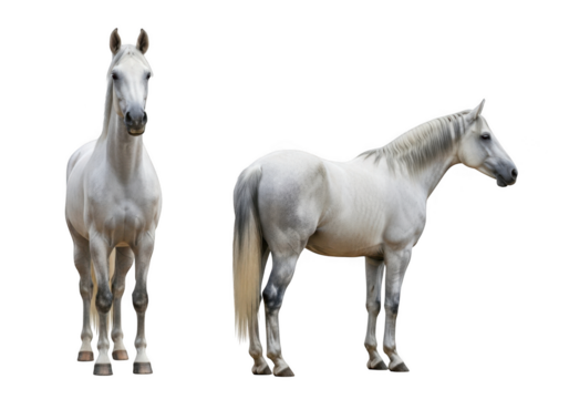 Beautiful white horse standing and posing, majestic equine animal stock photo, horseback riding, equestrian art, isolated on transparent background