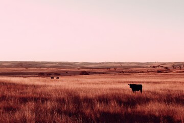 Vast prairie landscape at golden hour with grazing cattle under a soft, pinkish sky.