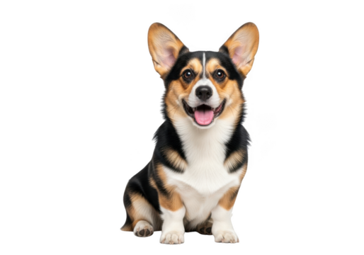 Adorable pembroke welsh corgi puppy dog sitting portrait cutout png image for graphic design projects, cute pet stock photo isolated on transparent background