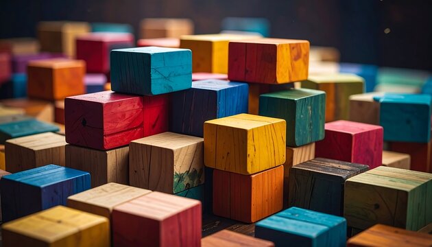A vibrant stack of colorful wooden blocks creating a visually appealing abstract composition