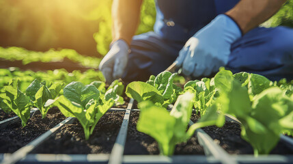 Gardener tending to young spinach plants in sunlit garden, showcasing beauty of nature and growth