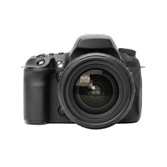 Fototapeta premium Professional dslr camera photography equipment image, high resolution digital camera photo, lens focus, photography gear isolated on transparent background