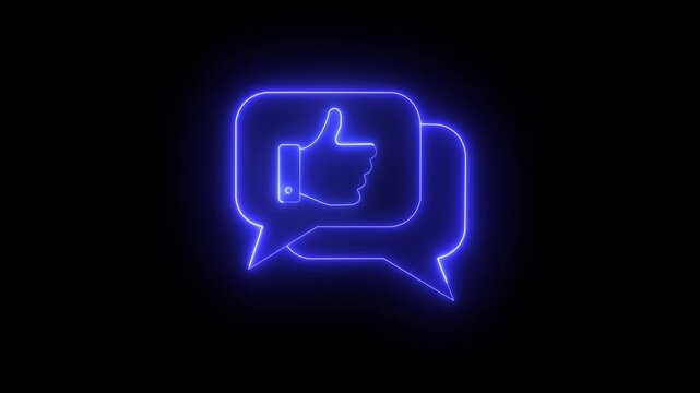 Neon thumbs up icon in speech bubbles animation on black background, social media, feedback, communication, approval,  Abstract Glowing neon line Hand thumb up icon isolated on black background. - Powered by Adobe