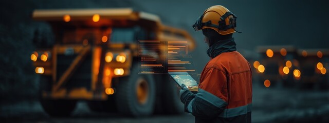 Worker in Safety Gear Using Tablet Near Heavy Mining Equipment at Dusk. Banner, copy space