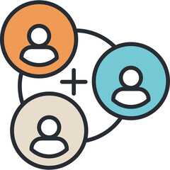 Illustration of three interconnected people icons in orange blue and beige circles with a plus sign representing teamwork and collaboration in a clean white background