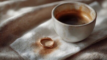 A solitary golden wedding ring sits on a stained napkin beside a cup of dark coffee in soft morning light