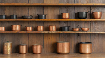 Rustic vintage kitchen scene with copper and black pots arranged on wooden shelves, evoking warm, nostalgic atmosphere