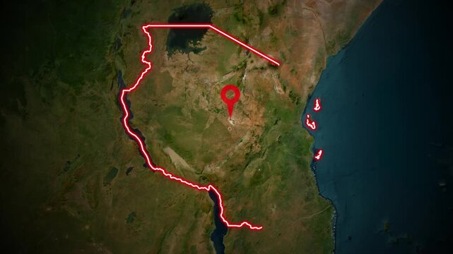 Tanzania on the world map. Smooth map zoom. 4K animation