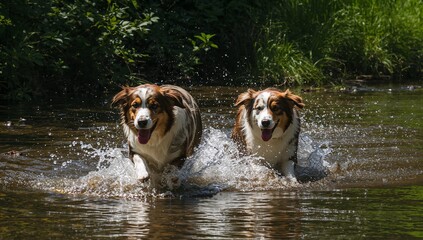 Australian shepherds joyfully running through shallow water in a natural setting